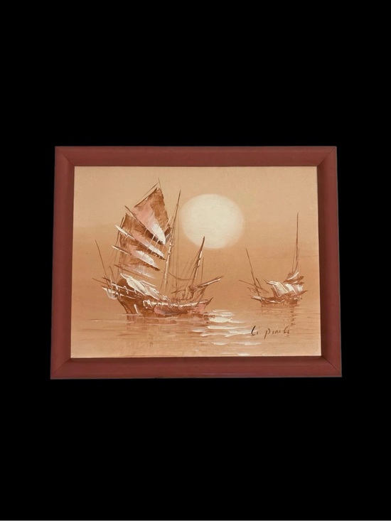 Vintage Other - Vintage Original Acrylic on Canvas Asian Junk Boats Signed Artist Ping 8x10 Pink